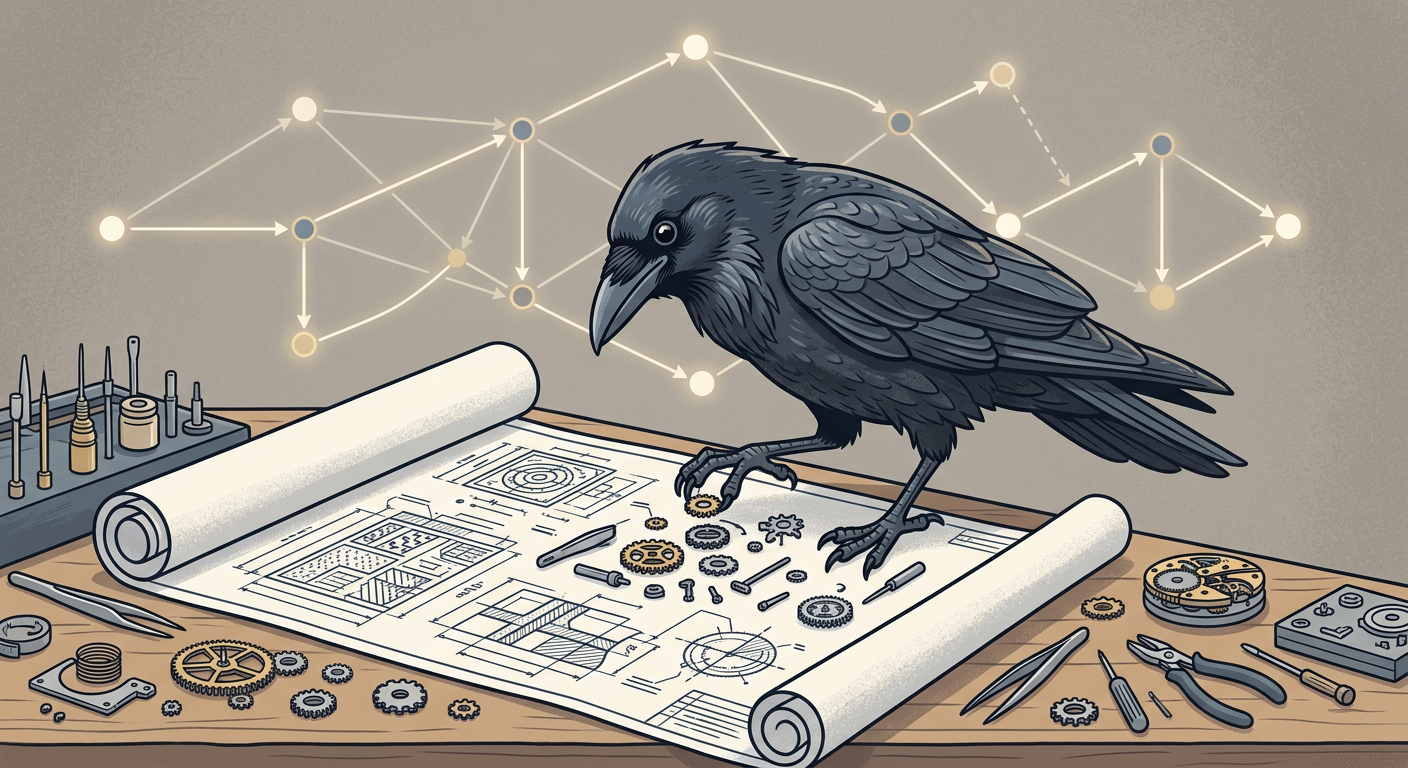 A raven studies blueprints on a workbench, assembling gears, with a directed acyclic graph glowing in the background